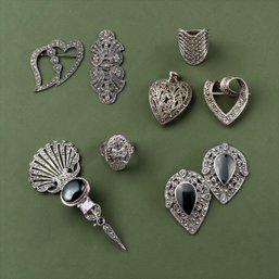 Assorted Sterling Silver Marcasite And Onyx Jewelry