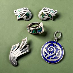 Assorted Mexican Silver With Inlaid Stone Or Shell Design Jewelry