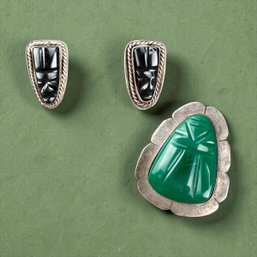 Vintage Mexican Sterling Silver And Onyx Aztec Mask Earrings And Pendant