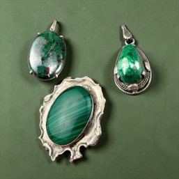Sterling Silver And Various Semi Precious Cabochon Stone Pendants In Green