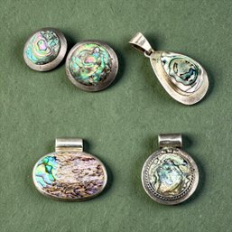 Taxco Mexico Sterling Silver And Albalone Earrings And Brooch