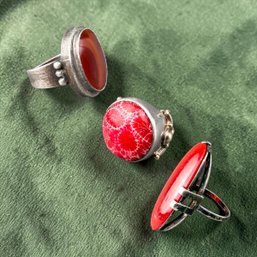 Three Sterling Silver And Red Stone Statement Rings