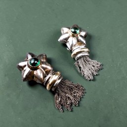 18kt Gold And Sterling Star And Tassle Set With Green Stone Earrings