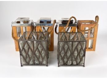 7 Pcs - Table Top Or Patio Hurricanes Or Lanterns Made Of Wood, Metal And Glass