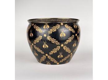 Vintage Oklahoma Importing Co. Ceramic Or Stoneware Planter With Black And Gold Glaze Of Honey Bees