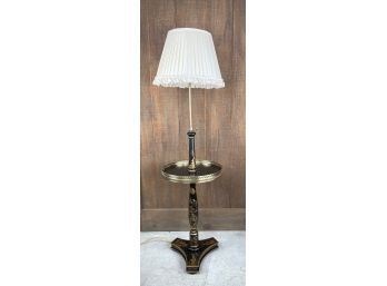 Tall Standing Turned Wood And Brass Accent, Oriental Floor Lamp With 16 Inch Round Table.