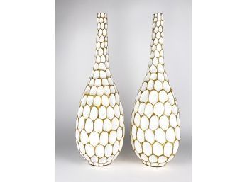 Pair Tall Carved Divot Dimple White And Natural Wood Bottleneck Vases