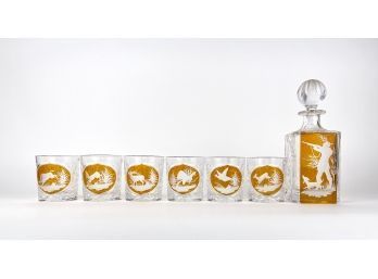 7 Pcs Hunting Motif Cut Crystal, Whiskey Glasses Or Tumblers And Decanter