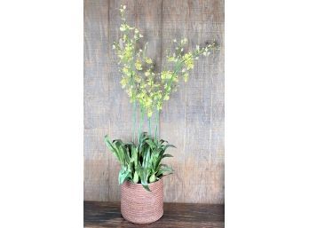 Realistic Tall, Faux Yellow Orchid In Braided Grass Planter Basket