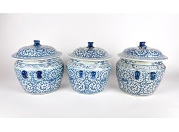 3 Vintage Blue And White Ginger Bowls With Lids