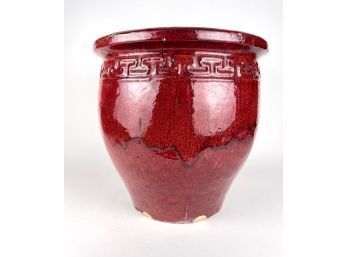 Vintage Stoneware Plater With Greek Key Accent, In Red Glaze