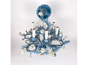 French Blue Toile 6 Candelabra Chandelier With Petite Flowers