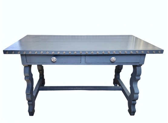 2 Drawer Wooden Trestle Table, Painted Blue