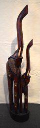Large Hand-Carved Wood Elephant & Calf Sculpture – Raised Trunks