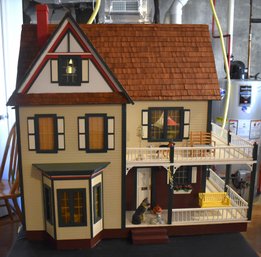Large Furnished 1:12 Scale Wooden Dollhouse W/ Miniature Furniture & Accessories