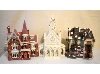 3-Pc Christmas Village Buildings – Victorian House, Church & Snowman Cottage