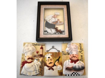 Whimsical Chef Kitchen Décor – Framed Art & 3D Bistro Wall Plaques