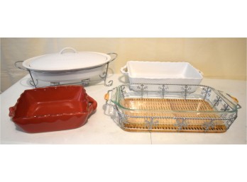 Pyrex Glass Bakeware & Ceramic Serving Dish Lot W/ Warming Stand