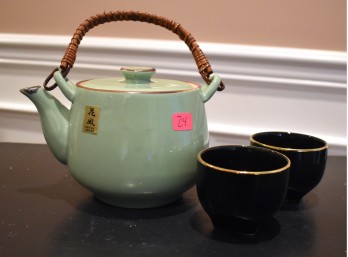 Vintage Kafun Japanese Celadon Teapot W/ Bamboo Handle & 2 Tea Cups