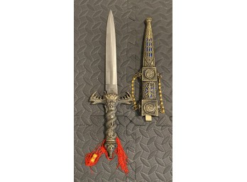Chinese Style Ornate Fantasy Dragon Dagger And Blue Accent Scabbard