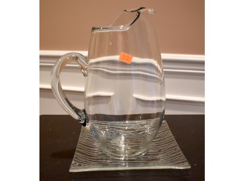 Modernist Clear Crystal Glass Water Pitcher & Wave-Patterned Square Glass Platter Set