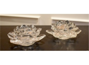Pair Of Vintage Mikasa Clear Crystal Lotus Flower Votive Candle Holders