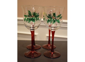 Set Of 4 Vintage Hand-Painted Christmas Holly & Berry Wine Glasses - Ruby Red Stems