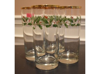 Set Of 4 Lenox 'Holiday' Clear Highball Glasses - 12oz Gold-Rimmed Tumblers