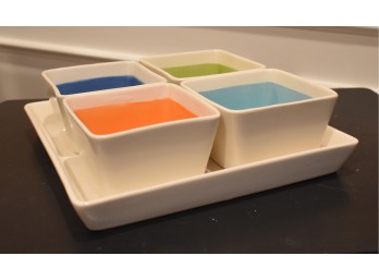 Crate & Barrel 5pc Modular Ceramic Condiment Server Set - Square Colorful Bowls