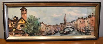 Vintage Venice Watercolor Painting  Gondola Canal Scene, Framed Mid-Century Art