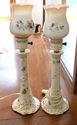 Pair Vintage Porcelain Floral Table Lamps With Milk Glass Shades & Floral Decoration