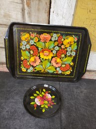 2 Piece Hand Painted Trays Lot Used H3