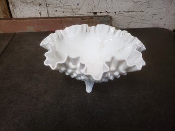 Fenton Milk Glass Hobnail Crimped 3-footed Bowl P1