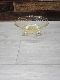 Lancaster Jubilee Yellow Depression Glass 3 Footed Bowl Fluted Flower Etched A2
