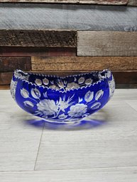 Awesome Ornate Cut Blue Glass Display Oval Bowl A6