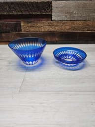 2 Vtg Cut Blue Glass Bowls A6