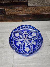 Vtg Cut Blue Glass Serving Plate A6