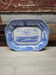 OCTAGONAL FLOW BLUE STAFFORDSHIRE PLATTER 'Plymouth, Mass., 1622'. By A.S. Burbank. A6