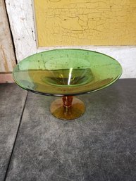 Green And Orange Glass Pedestal Bowl B2