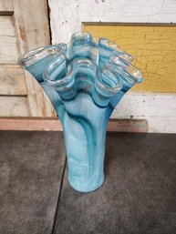 Blue Murano Italian Ruffled Glass Vase B2