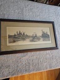 Antique 1902 J Wilson River With Windmill Landscape Signed Etching Framed A18