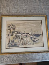 Vintage Litho By Eric Diamond Fishing Village Boat Signed Framed B2