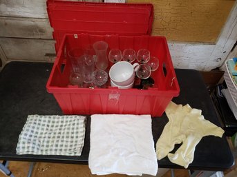 Red Bin Of Glassware And Towels Lot B4