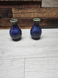 Pair Of Vintage Chinese Cloisonne Champleve Enameled Vases/ Magnolia Blossoms A1