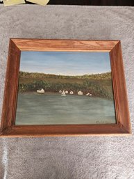 Framed Signed Elizabeth Payne? Oil On Canvas Boat Scene On Water (damaged) B61