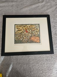 Linocut Or Woodcut, Depicting A Person Jumping Into Water From A Dock. Titled 'Leap' Signed B89