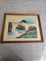 Vintage Original Japanese Painting On Silk, Mid-Century, Framed, Signed  B92
