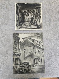 Lot Of 2 Unsigned Etchings? Charcoal? D86