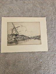 Vtg Windmill Etching Signed Bertha E Jacques D96
