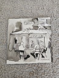 Sketch Depicting People Sitting At An Outdoor Cafe Under Umbrellas, Signed By Artist K. Mincina 14 E55